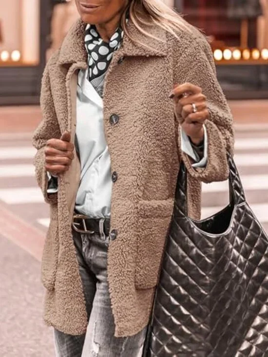 🆕 Women's Winter Faux Fur Coats Long Sleeve Lapel Button Down Pockets Fleece - Picture 5 of 7